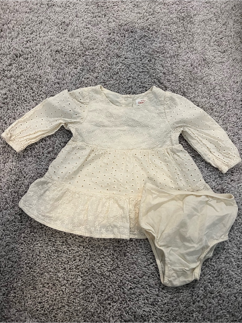 Cat & Jack Cream Eyelet Long-Sleeve Baby Dress with Bloomer Set